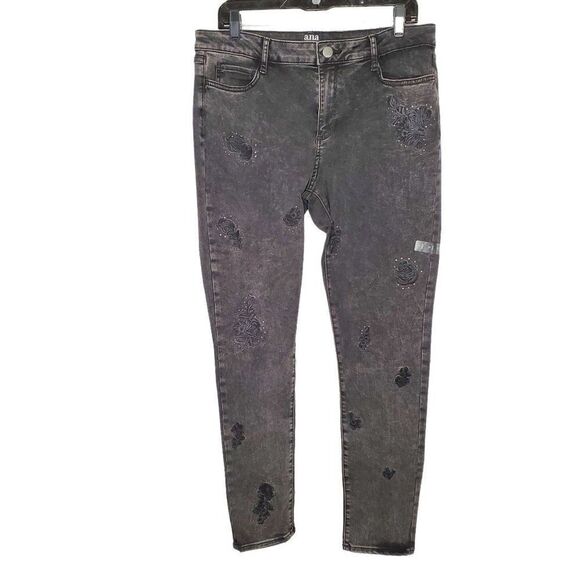 NEW a.n.a. Jeggings Distressed Black Denim Sz 14 Floral Embroidery Metal Dots - Picture 1 of 7